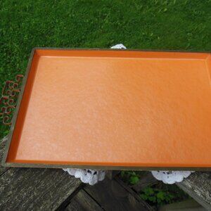MCM midcentury tray orange glazed brass e namel Kyes Moire' brand fancy handles